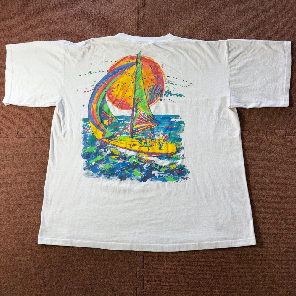 Vintage‎ Hobie Sailboat Graphic T-Shirt XL White Made in USA Surf Sailing 90s